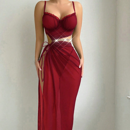 Halter Midriff-baring Top With Slit Skirt