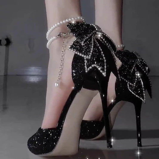 Pointed Toe Shallow Mouth Black Paillette Bow High Heels