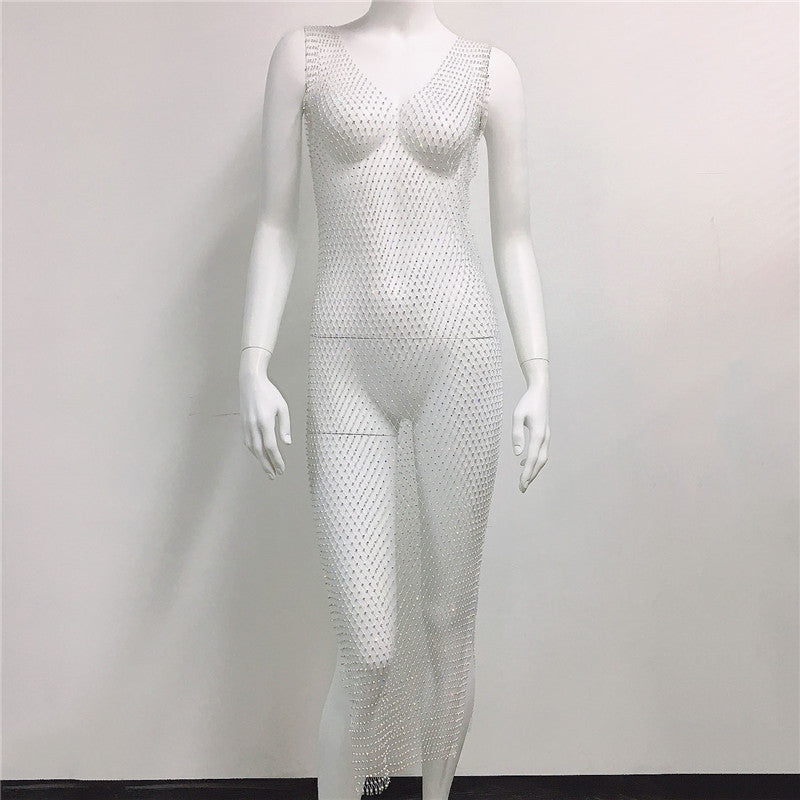 Suspender Rhinestone Mesh Dress