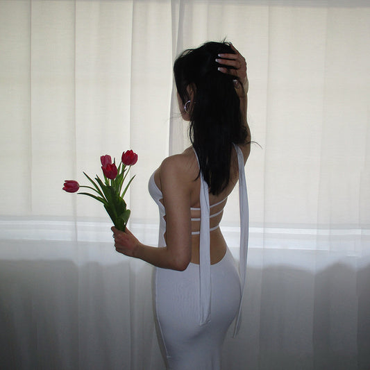 Backless Waist-cinching Sheath-style Solid-color Maxi Dress