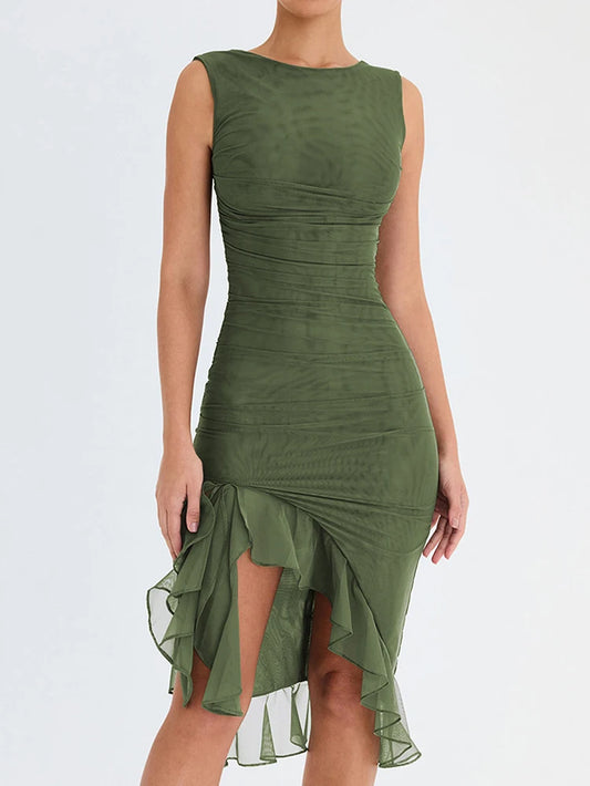 Ruffle Ruched Midi Dress Backless Sleeveles