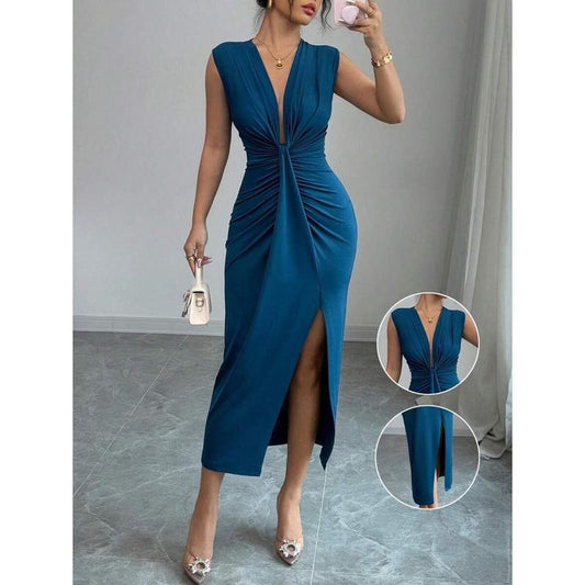 Solid-color Deep-V Sleeveless Dress
