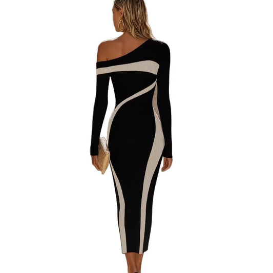 Black And White Color-block Knitted Off-shoulder Long-sleeve Dress