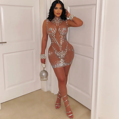 Mesh Rhinestone Sleeveless Dress