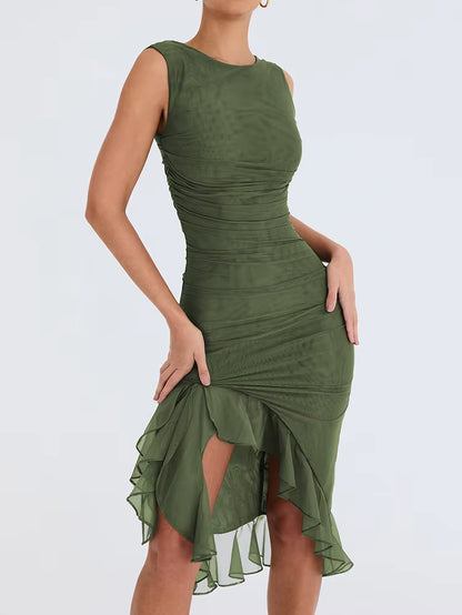 Ruffle Ruched Midi Dress Backless Sleeveles