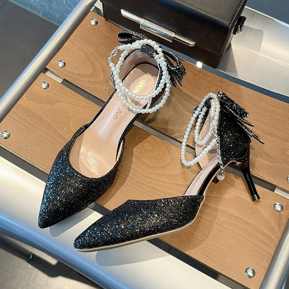 Pointed Toe Shallow Mouth Black Paillette Bow High Heels