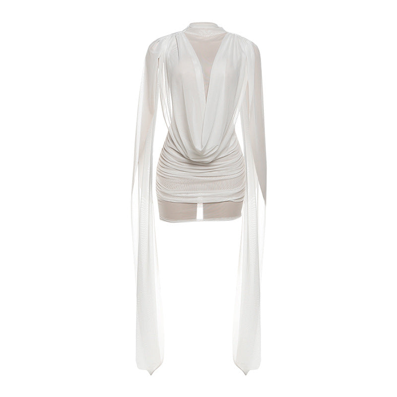 Fashion Ribbon-Trimmed Patchwork Mesh Sheer Sexy Dress