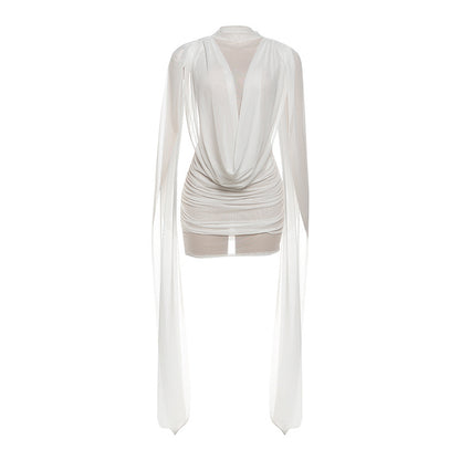 Fashion Ribbon-Trimmed Patchwork Mesh Sheer Sexy Dress