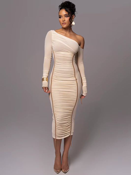 Diagonal Collar Long Sleeve Midi Dress for Women Two Layer Mesh Backless Ruched Bodycon Club Party Sexy Long Dress