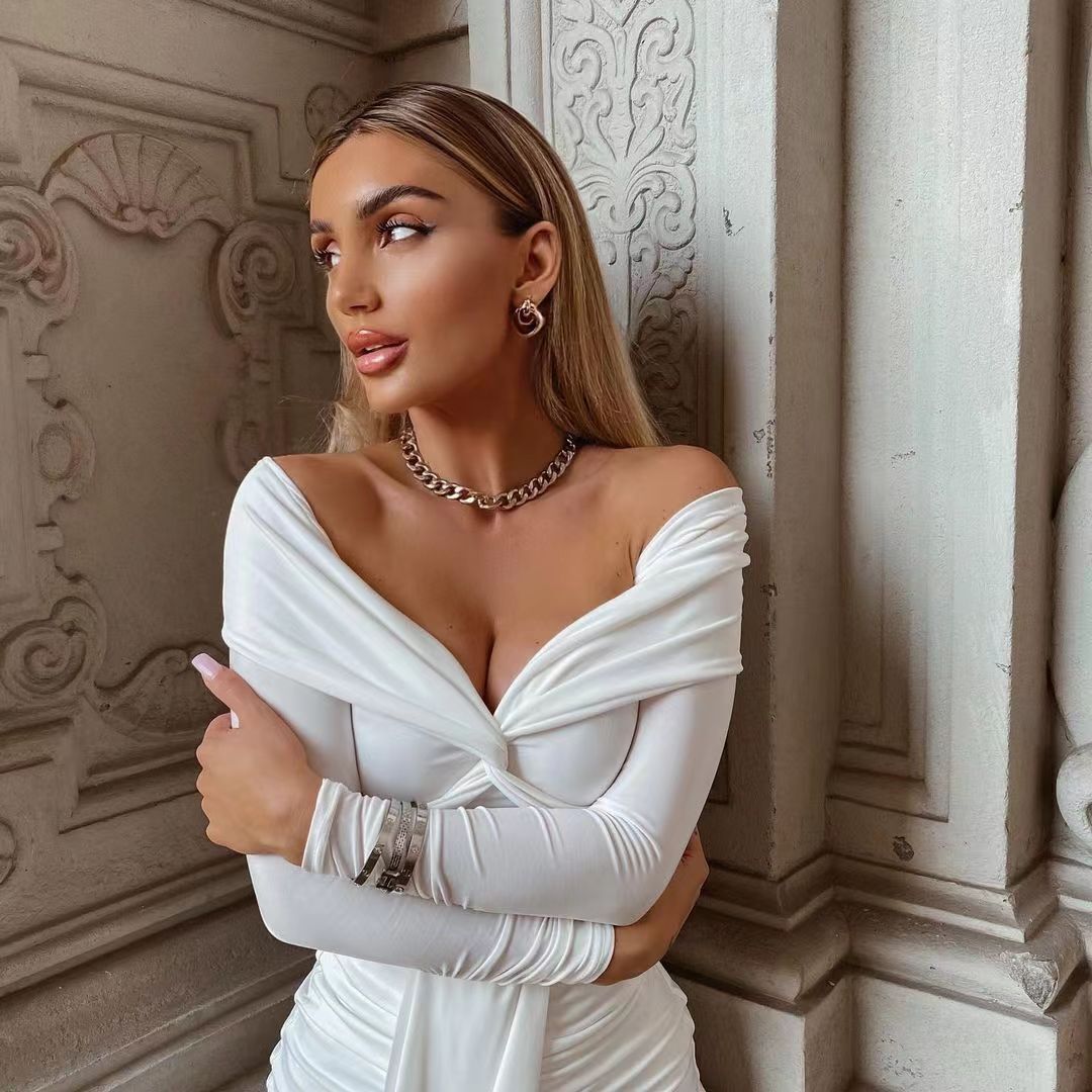 Off-Shoulder Long-Sleeve Pleated Ruffle Dress