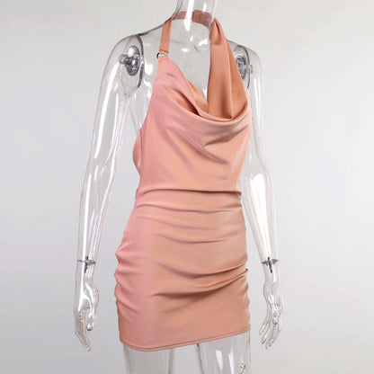 Satin Dress V Neck Backless Mini Sleeveless