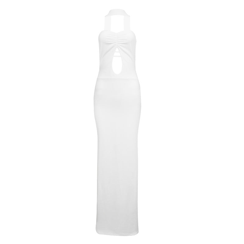 Backless Waist-cinching Sheath-style Solid-color Maxi Dress