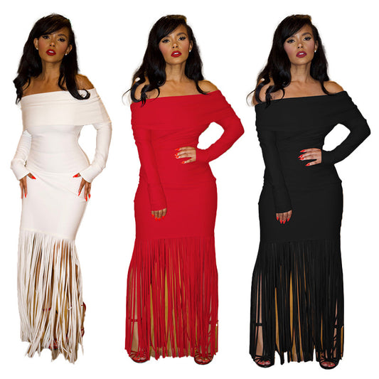 Elegant Figure-flattering Long-sleeve Tassel Sheath