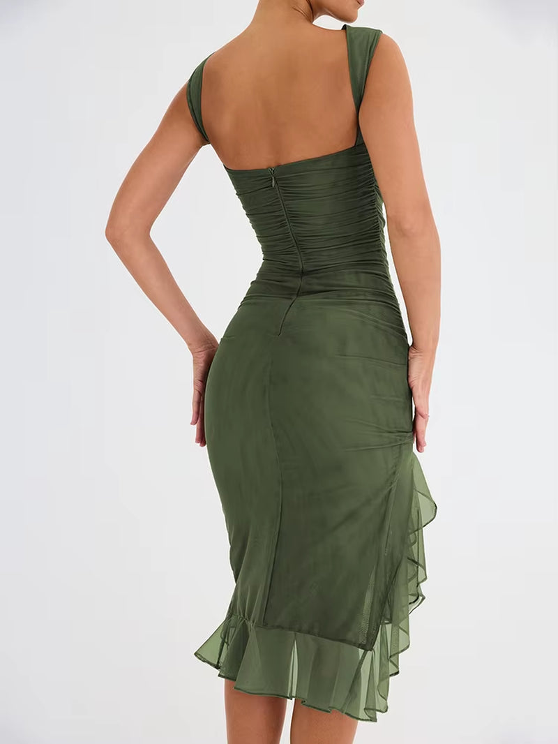 Ruffle Ruched Midi Dress Backless Sleeveles