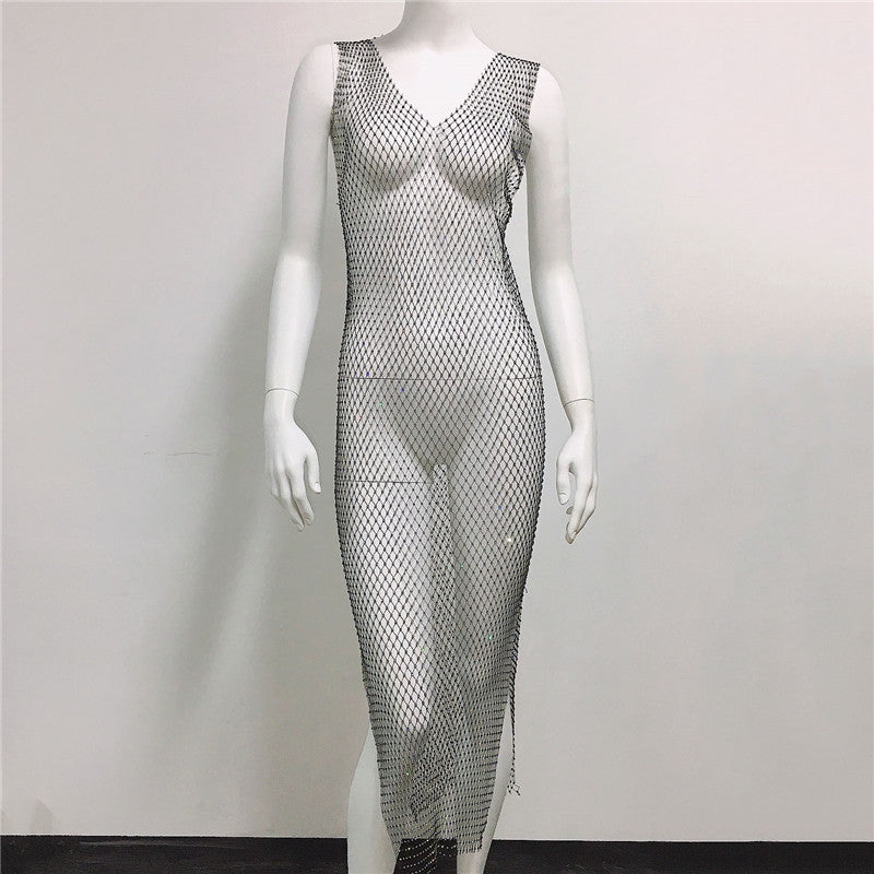 Suspender Rhinestone Mesh Dress