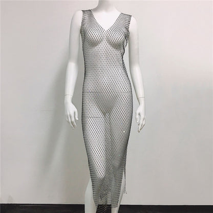 Suspender Rhinestone Mesh Dress