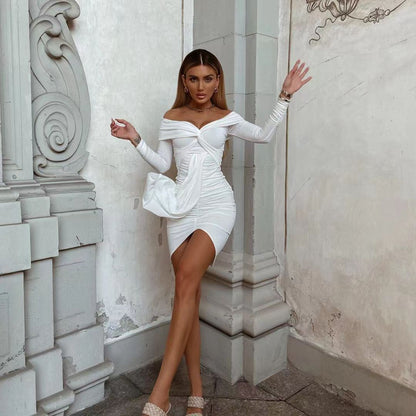 Off-Shoulder Long-Sleeve Pleated Ruffle Dress