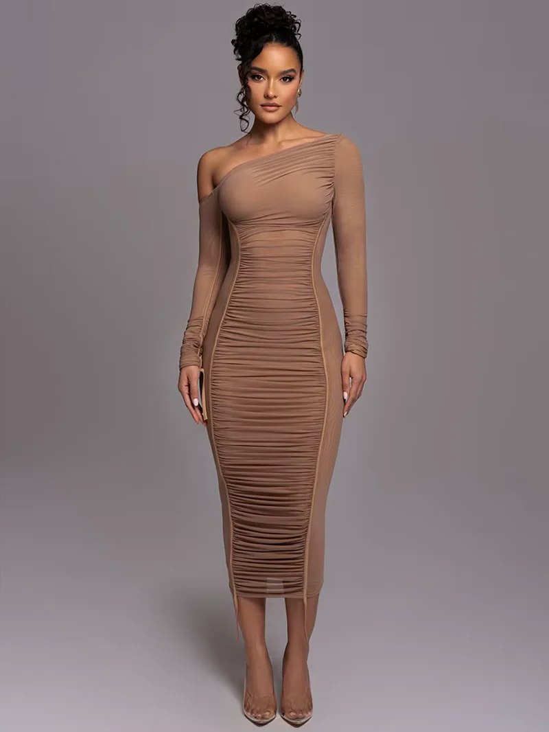 Long Sleeve Midi Dress Mesh Backless Bodycon