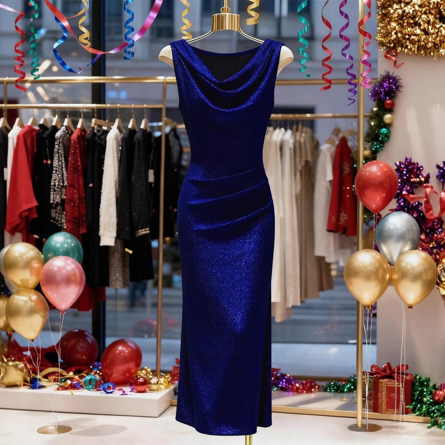Shiny Silk Ruffled-neck Dress Thats Form-fitting And Hugs The Hips