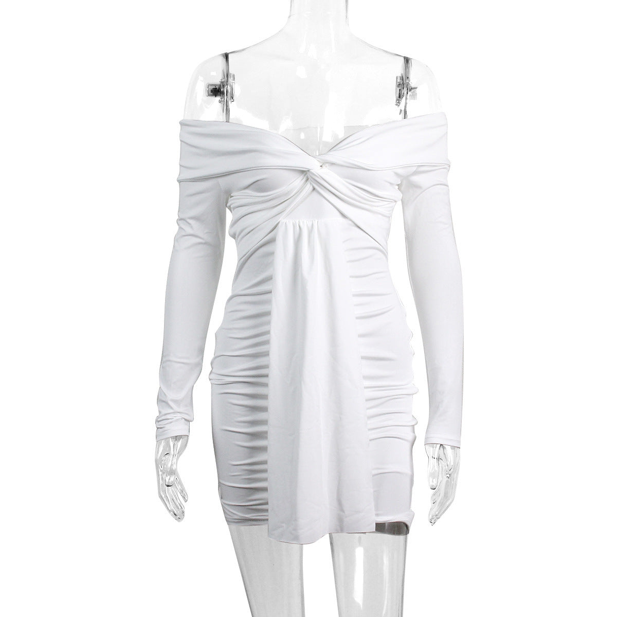 Off-Shoulder Long-Sleeve Pleated Ruffle Dress