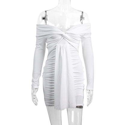 Off-Shoulder Long-Sleeve Pleated Ruffle Dress
