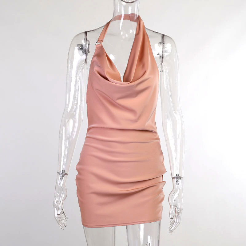 Satin Dress V Neck Backless Mini Sleeveless