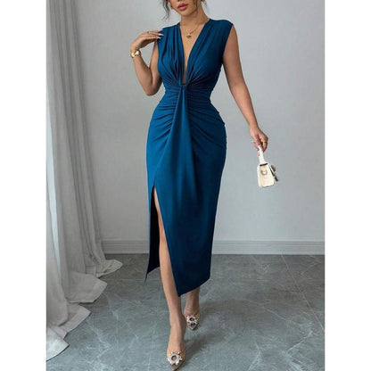 Solid-color Deep-V Sleeveless Dress