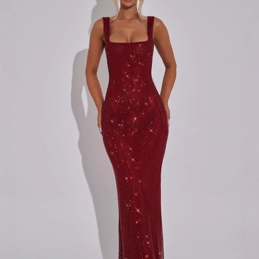 Double-shoulder Strap Sequins Net Drill Suspenders Dress