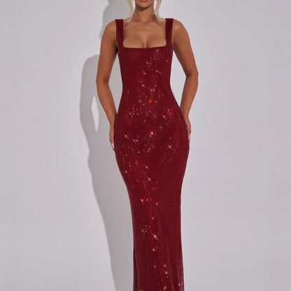 Double-shoulder Strap Sequins Net Drill Suspenders Dress