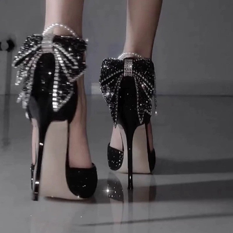 Pointed Toe Shallow Mouth Black Paillette Bow High Heels