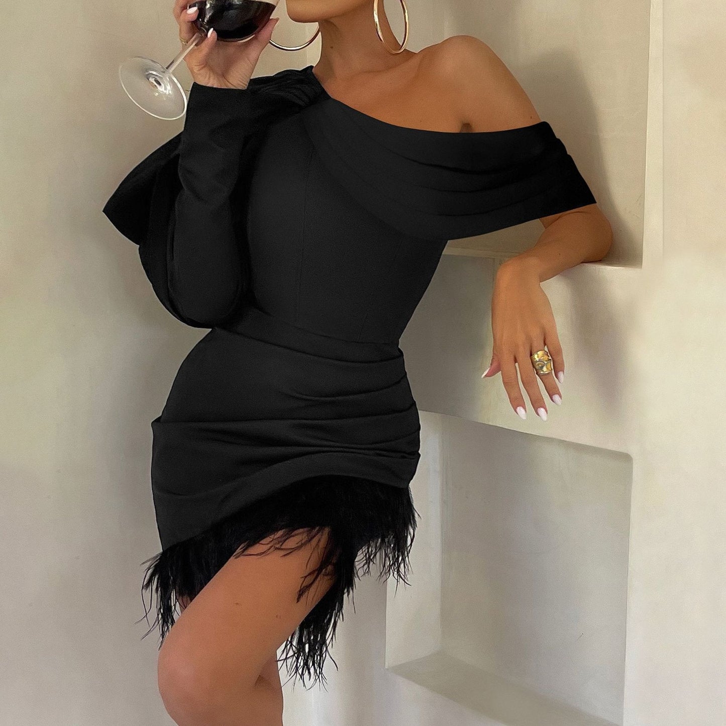 Draped Feather Dress With A Bias Shoulder