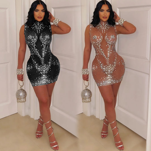 Mesh Rhinestone Sleeveless Dress