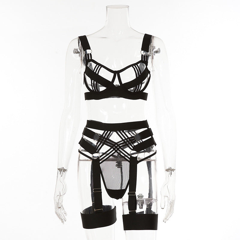 Black Hollowed-out Lingerie Set With Straps