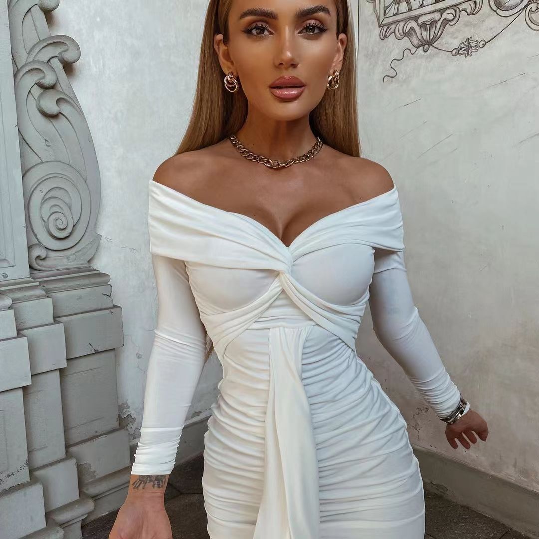Off-Shoulder Long-Sleeve Pleated Ruffle Dress