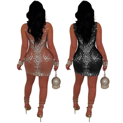 Mesh Rhinestone Sleeveless Dress