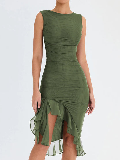 Ruffle Ruched Midi Dress Backless Sleeveles