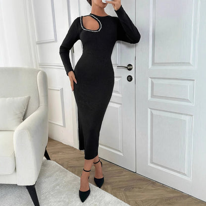Stretchy Hollow-out Form-fitting Long-sleeve Dress
