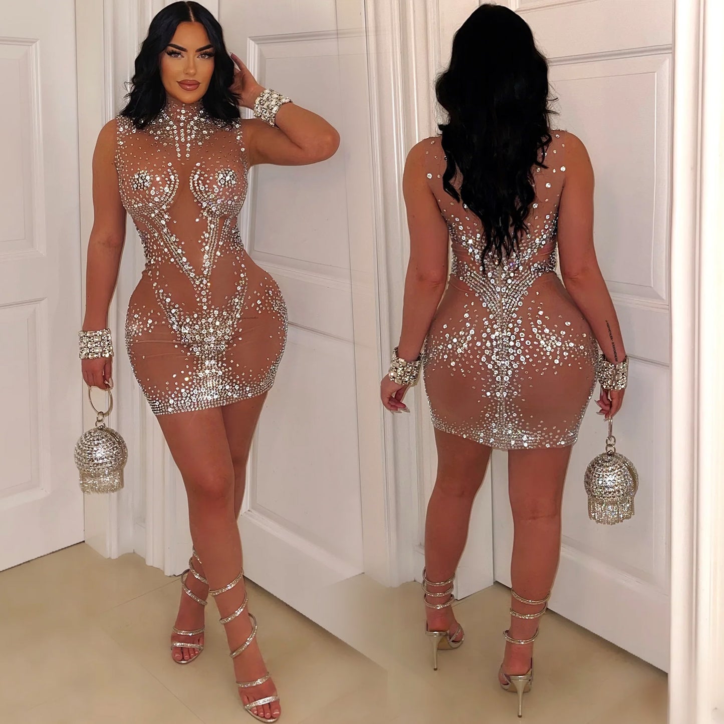 Mesh Rhinestone Sleeveless Dress
