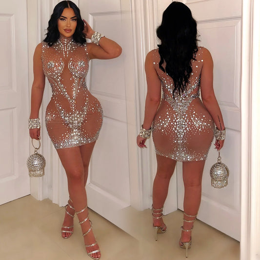 Mesh Rhinestone Sleeveless Dress