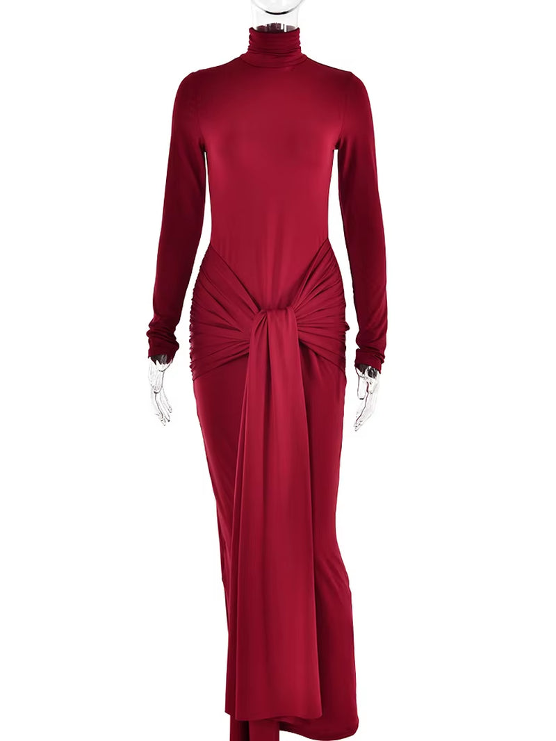 High Neck Long Sleeve Bodycon Dress for Women Tight Elastic Lace up Maxi Long Dress Autumn 2023 New Party Club Vestidos