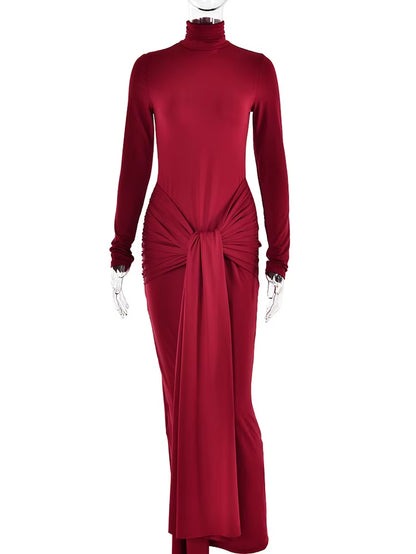 High Neck Long Sleeve Bodycon Dress for Women Tight Elastic Lace up Maxi Long Dress Autumn 2023 New Party Club Vestidos