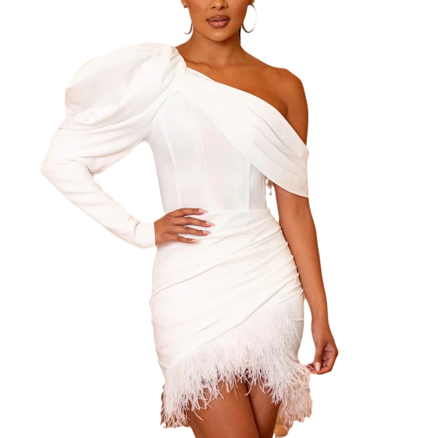 Draped Feather Dress With A Bias Shoulder
