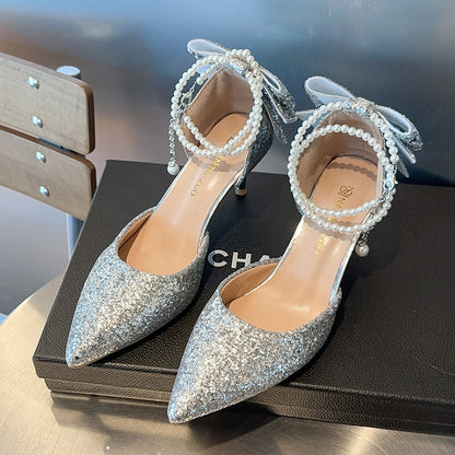 Pointed Toe Shallow Mouth Black Paillette Bow High Heels