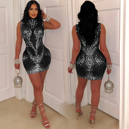 Mesh Rhinestone Sleeveless Dress