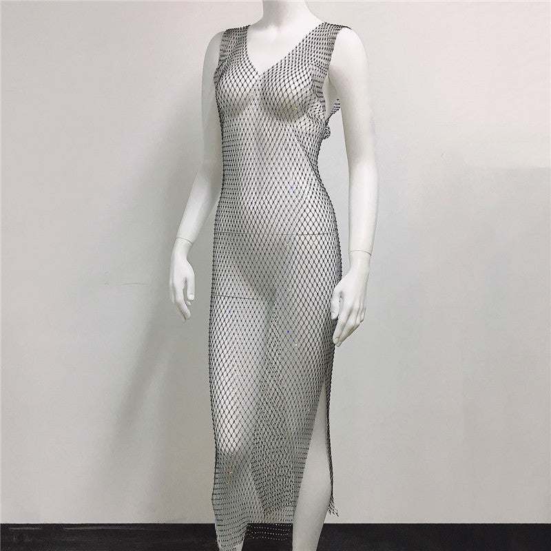Suspender Rhinestone Mesh Dress