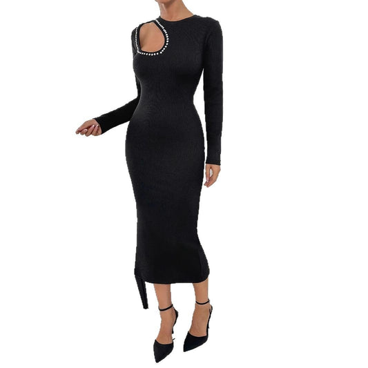 Stretchy Hollow-out Form-fitting Long-sleeve Dress