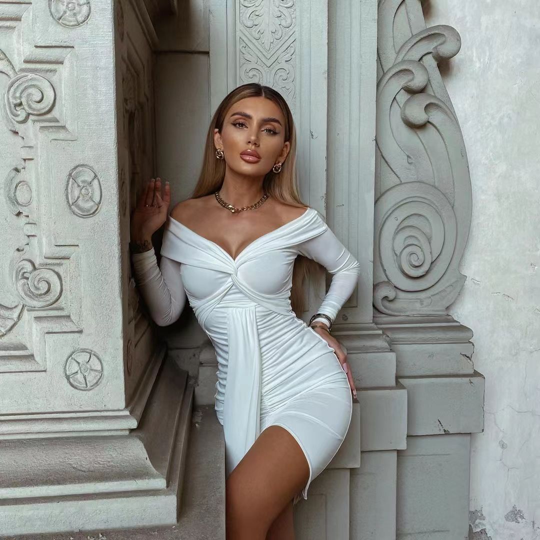 Off-Shoulder Long-Sleeve Pleated Ruffle Dress