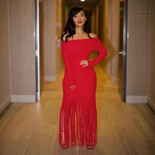 Elegant Figure-flattering Long-sleeve Tassel Sheath