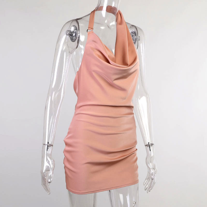 Satin Dress V Neck Backless Mini Sleeveless