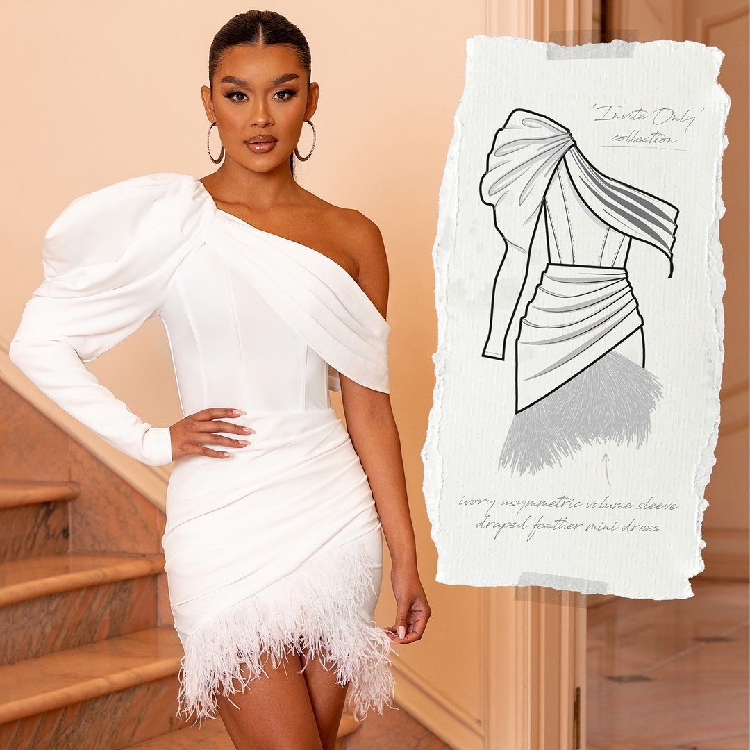 Draped Feather Dress With A Bias Shoulder
